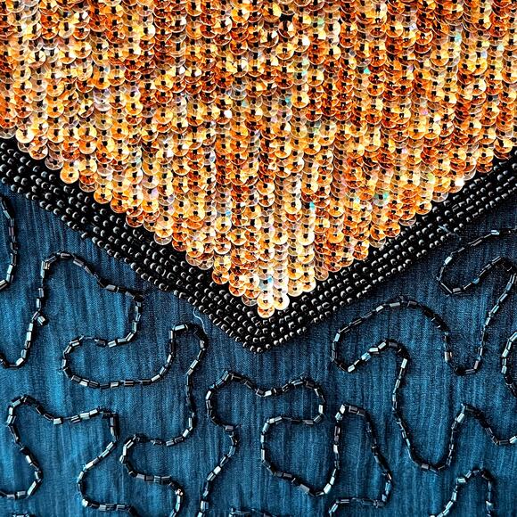 VINTAGE 80s Jet Bead & Copper Sequined Silk Evening Jacket Top Size XL - Picture 4 of 5